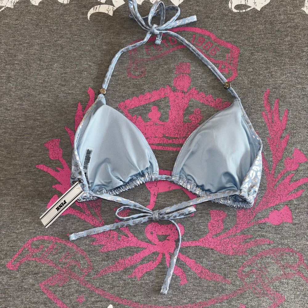 Victoria’s Secret PINK String Bikini Set Icy Blue Leopard Foil Metallic SM - Picture 5 of 12